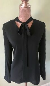 Tie neck blouse with lace sleeves